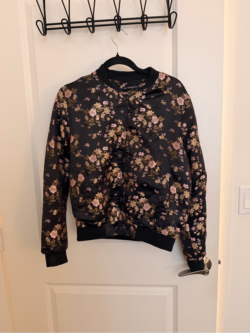 Brandy Melville Black Floral Bomber Jacket